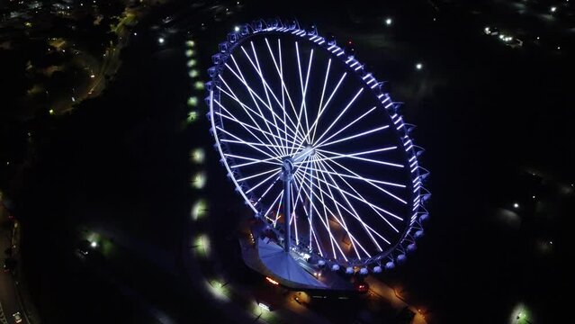 S&Atilde;O PAULO, BRAZIL DECEMBER 26, 2022 Aerial Photography Aerial view of the largest Ferris wheel in Latin America. Officially called &ldquo;Roda Rico&rdquo;, it is working in Parque C&acirc;ndido Portinari, next to Parqu