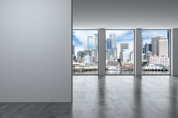 Downtown Seattle City Skyline Buildings from High Rise Window. Beautiful Expensive Real Estate overlooking. Empty room Interior. Mockup wall. Skyscrapers Cityscape. Day. USA. 3d rendering