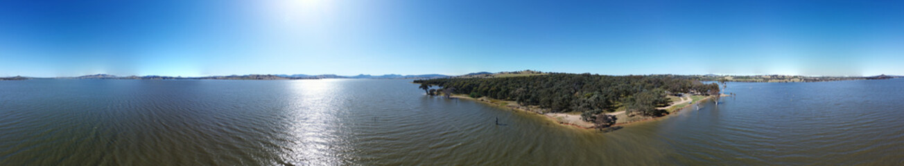 The aerial drone point of view in 360 degree photography at Bowna Waters Reserve is natural parkland on the foreshore of Lake Hume popular boat launching location in Albury, NSW ,Australia.