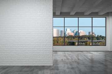 Empty room Interior Skyscrapers View. Cityscape Downtown, Arlington City Skyline Buildings from Washington. Window background. Beautiful Real Estate. White mockup wall. Day time. 3d rendering.