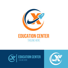 Initial Letter X with Rocket Spaceship icon for Success, Education Center, Fast Learning Business Logo Idea