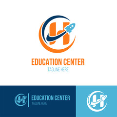 Obraz premium Initial Letter H with Rocket Spaceship icon for Success, Education Center, Fast Learning Business Logo Idea