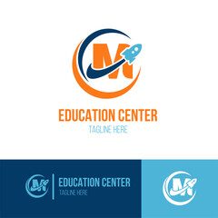 Initial Letter M with Rocket Spaceship icon for Success, Education Center, Fast Learning Business Logo Idea