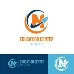 Initial Letter N with Rocket Spaceship icon for Success, Education Center, Fast Learning Business Logo Idea