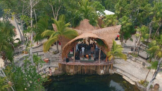 Drone view of Vesica Cenote Tulum, Mexico. Secret natural pool.