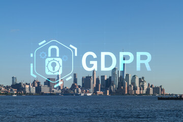 New York City skyline of Financial Downtown over the Hudson River waterfront towards skyscrapers at day. Manhattan, USA. GDPR hologram, concept of data protection, regulation and privacy