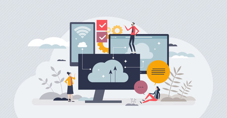 Cloud computing and using virtual hosting for file storage tiny person concept. Digital information database with wireless backup connection vector illustration. Online technology for internet upload