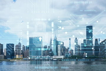New York City skyline, United Nation headquarters over the East River, Manhattan, Midtown at day time, NYC, USA. The concept of cyber security to protect confidential information, padlock hologram