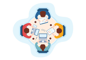 City Council Meeting with Business Team, Employee for Important Negotiation or Define Buildings in Flat Cartoon Hand Drawn Templates Illustration