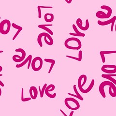 Hand drawn seamless pattern with pink st valentines day hearts love. Cute romantic simple minimalist doodle on pink background, wrapping paper textile, valentine texture symbol fabric print, white