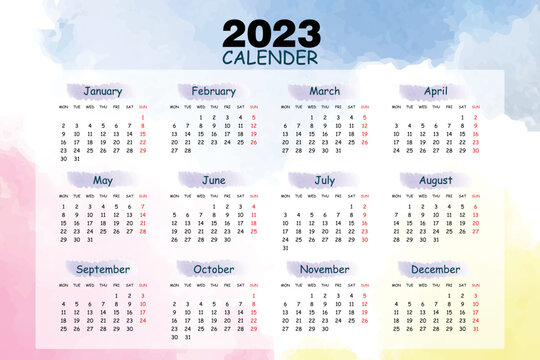 Calendar 2023 template with watercolor background