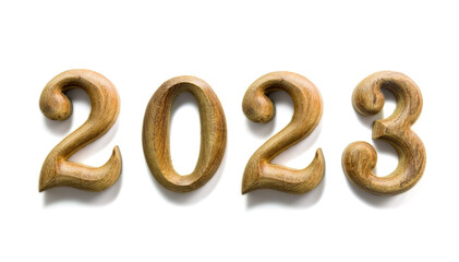 Wooden numeric 2023 with shadow on white background