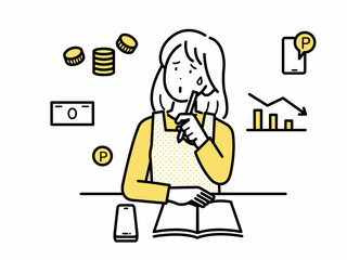 家計の心配をしながら家計簿をつける女性のイラスト