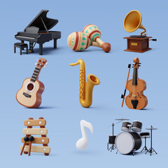3d icon set of music instrument, musical and recreation concept. - obrazy, fototapety, plakaty
