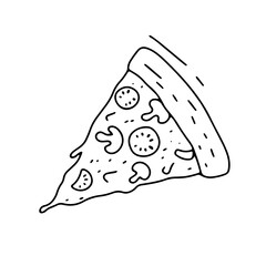 Pizza slice with melted cheese and tomatoes. Hand drawn doodle sketch. Vector outline illustration isolated on white.