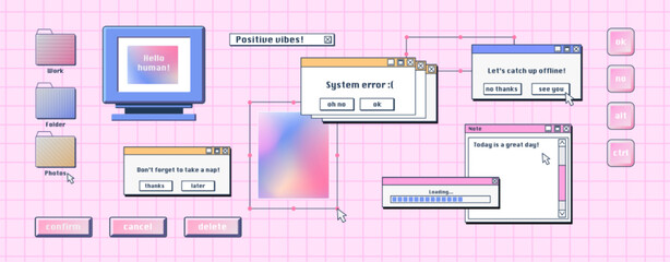 Retro computer interface, digital screen with windows, buttons, message frames. Desktop pc system elements in y2k style, vector cartoon set on pink background - obrazy, fototapety, plakaty