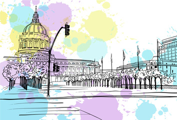 Nice square in San Francisco. Digital illustration. Hand drawn Urban sketch. Line art. Ink drawing. Vector landscape. Without people. Postcard style.