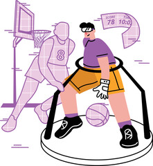Man with Virtual Reality headset playing virtual basketball sports simulation in Metaverse