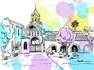 Nice view of the old monastery. France. Hand drawn sketch style. Line art. Ink drawing. Digital illustration on blobs. Vector background	