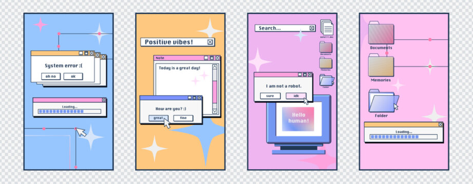 Social media posters template with retro desktop computer interface with message frames, loading bars, buttons and folders. Old pc screen layouts, vector cartoon set