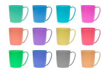Collection of plastic cup multicolored isolated on white background with clipping path.
