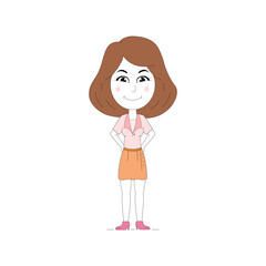 girl keeping her hands in her pocket. A cheerful girl is standing and posing isolated. girl character design illustration. girl character vector isolated on white background.