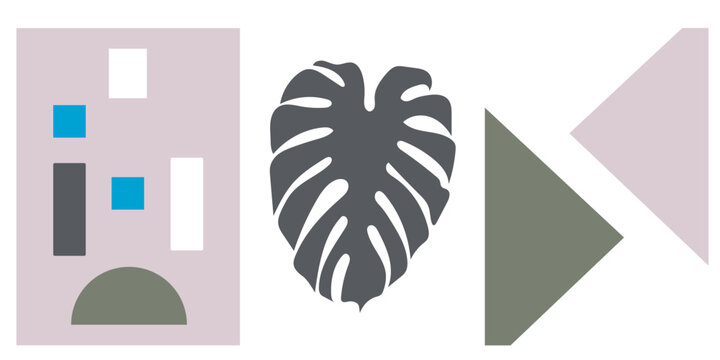 collection of modern simple abstractions in pastel colors with geometric shapes (triangles and squares) and mostera leaf on a colored background