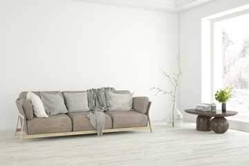 White living room with sofa. Scandinavian interior design. 3D illustration