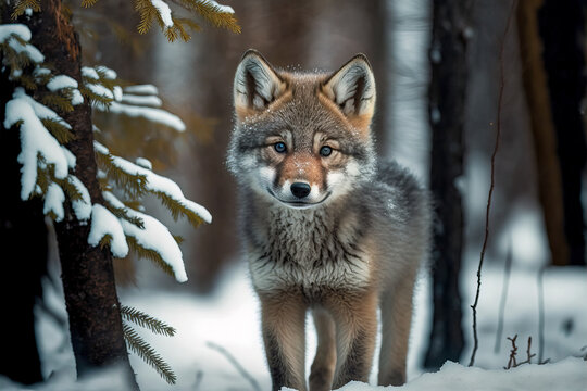 Gray wolf cub in winter forest. Making eye contact. Snowy landscape. Digital artwork