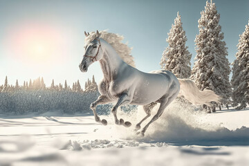 Galloping white Welsh pony on snow field. Digital artwork	
