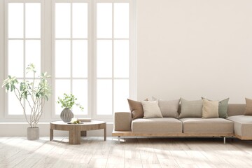 Modern living room in white color with sofa. Scandinavian interior design. 3D illustration