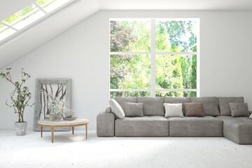 White living room with sofa and summer landscape in window. Scandinavian interior design. 3D illustration