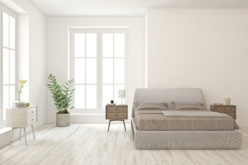 White bedroom interior. Scandinavian design. 3D illustration
