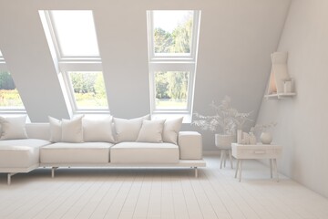 Mock up of stylish room in white color with sofa and green landscape in window. Scandinavian interior design. 3D illustration