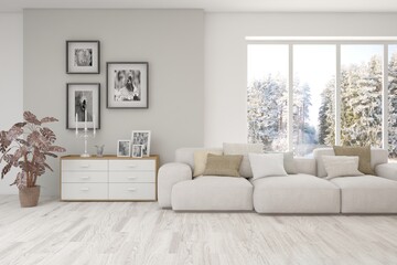 White living room with sofa and winter landscape in window. Scandinavian interior design. 3D illustration