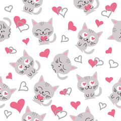 vector seamless pattern with gray cats and hearts
