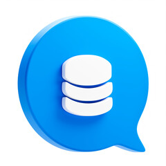 Computer database 3d web icon isolated on png background with blue speech bubble message data information technology storage or security network file hosting cloud center internet server system.