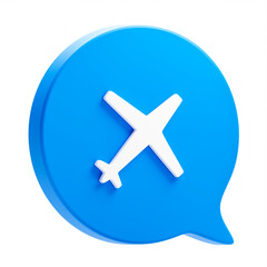 Obraz premium Transportation airplane 3d icon isolated on png background with blue speech bubble message travel transport aircraft symbol or blank flight plane airline jet sign and simple flat element web button.
