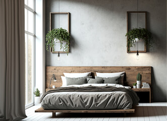 Wooden bed design, interior of bedroom with empty wall mockup, AI assisted finalized in Photoshop by me 