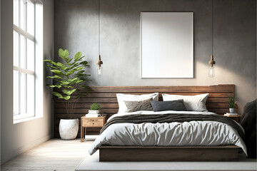 Wooden bed design, interior of bedroom with empty wall mockup, AI assisted finalized in Photoshop by me 