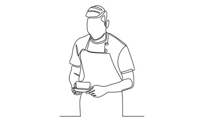 Continuous line of barista holding cup of coffee