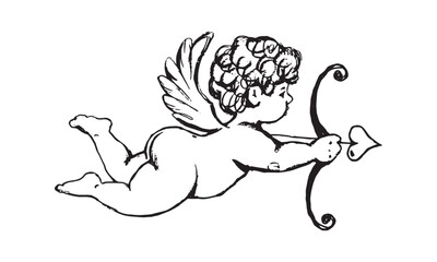 Drawing of vintage cupid, bow and arrow with heart. Cute flying angel cherub sketch, pencil drawing, vintage design. Vector monochrome hand drawn illustration, retro style.