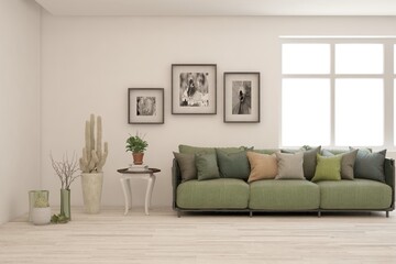Fototapeta premium White living room with sofa. Scandinavian interior design. 3D illustration