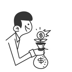hand drawn doodle money plant grows from a money bag illustration