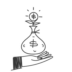hand drawn doodle money plant grows from a money bag illustration