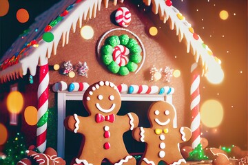 Christmas Gingerbread House with Smiling Man and Woman Holiday Candy Icing Frosting Background Image	
