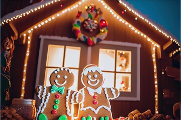 Christmas Gingerbread House with Smiling Man and Woman Holiday Candy Icing Frosting Background Image	
