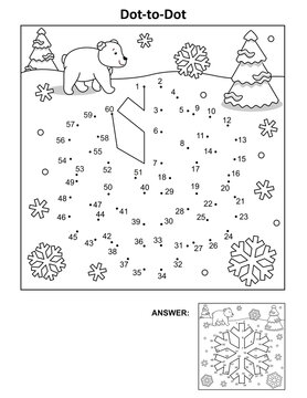 Snowflake dot-to-dot picture puzzle and coloring page. Answer included.
