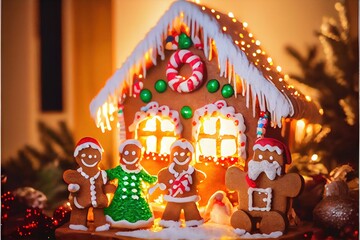 Christmas Gingerbread House with Smiling Man and Woman Holiday Candy Icing Frosting Background Image	
