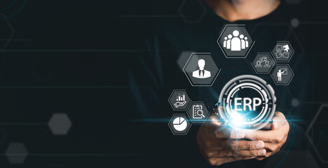 Enterprise resource planning (ERP) concept. Company manages business with modern technology.